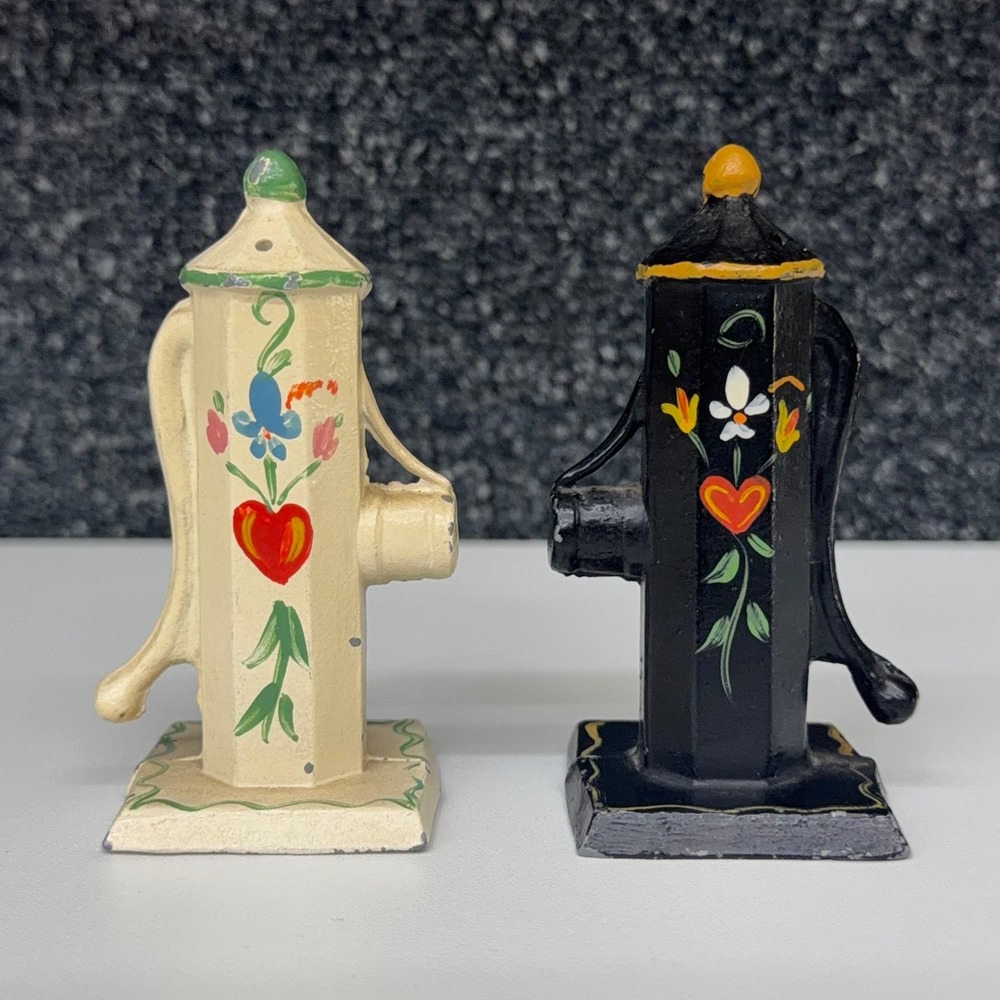 Vintage Cast Iron Water Pump Salt and Pepper Shakers Hand Painted Floral Set
